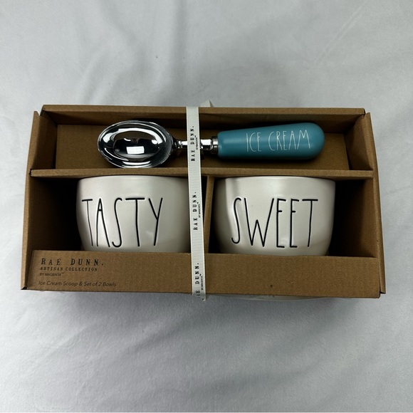 Rae Dunn Ice Cream Ceramic Set 2 Bowls 1 Blue Scoop NWT Sweet Yum Tasty Desert - Picture 8 of 8